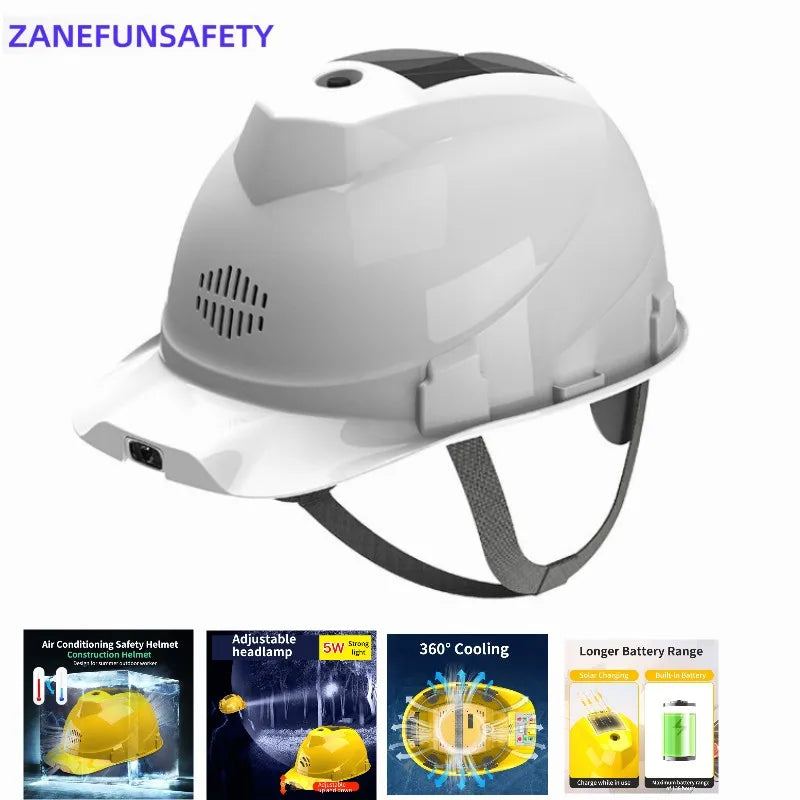 Solar Powered Safety Helmet with Dual Cooling Fans, LED Headlight & Rechargeable Battery