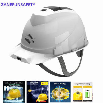 Solar Powered Safety Helmet with Dual Cooling Fans, LED Headlight & Rechargeable Battery