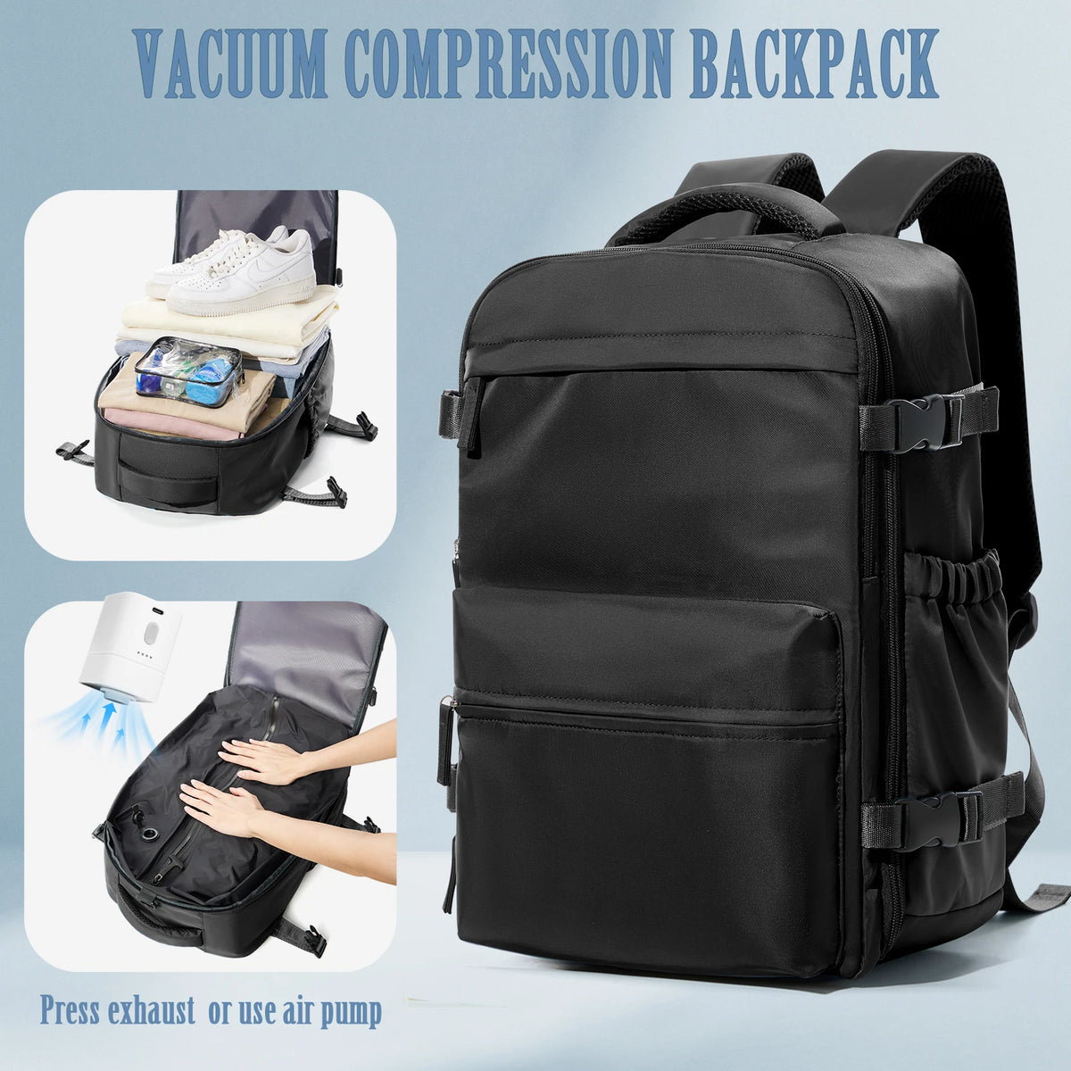 Vacuum Compression Travel Backpack with Air Pump – Expandable Carry-On Bag