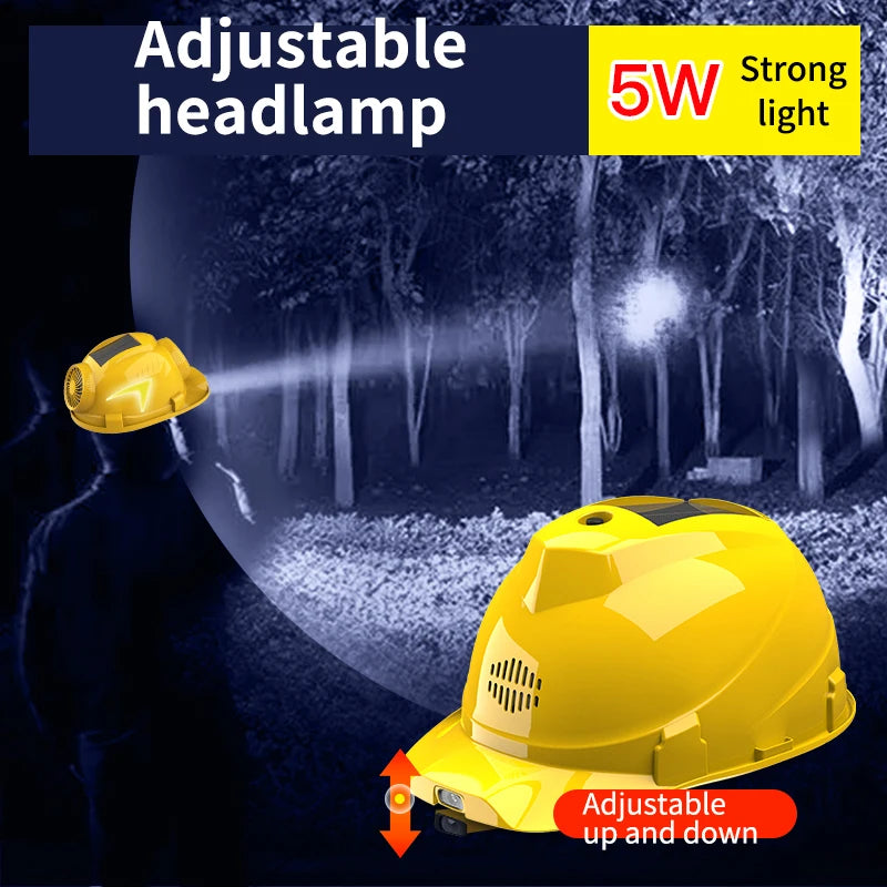 Solar Powered Safety Helmet with Dual Cooling Fans, LED Headlight & Rechargeable Battery