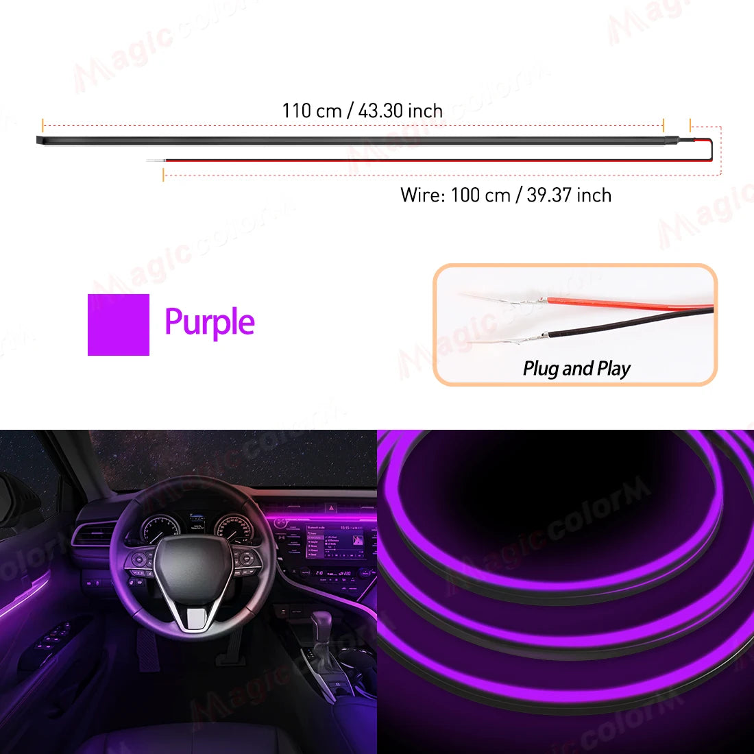 110cm Flexible Car Interior LED Ambient Light Strip – Cuttable EL Wire Trim
